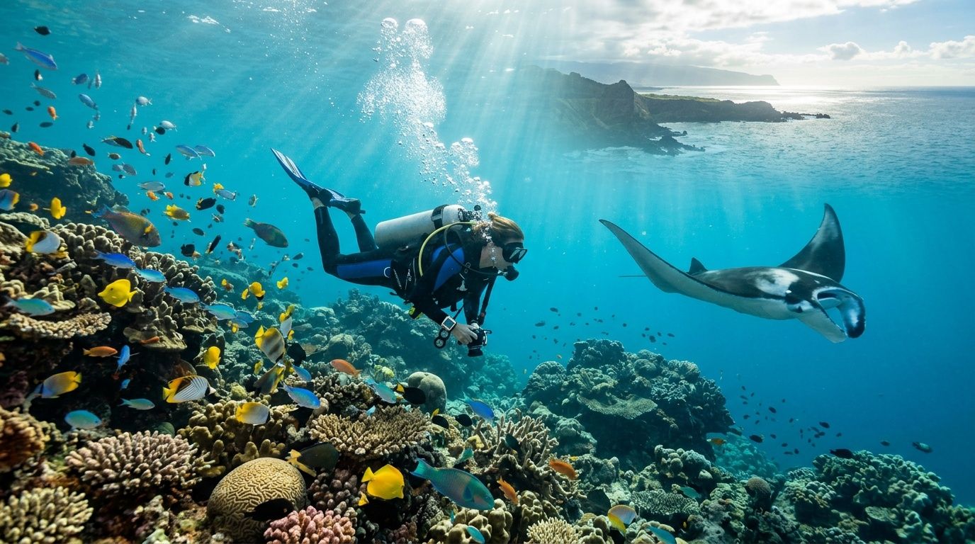 Scuba diver swims near vibrant coral reef with a manta ray.