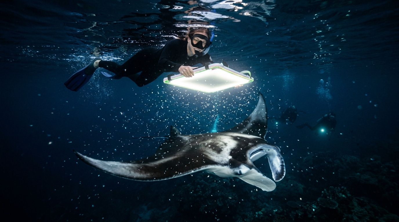 Diver with light interacts with a manta ray underwater at night.