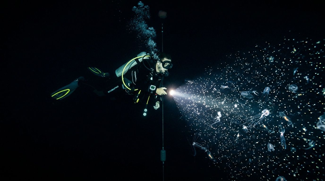Scuba diver in dark water shining a flashlight on jellyfish.