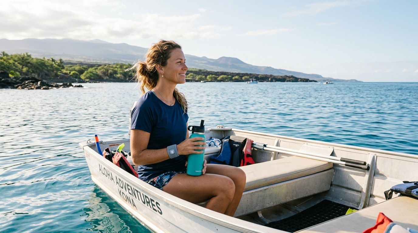 Woman sitting in boat on calm water, holding a drink, mountains in background.