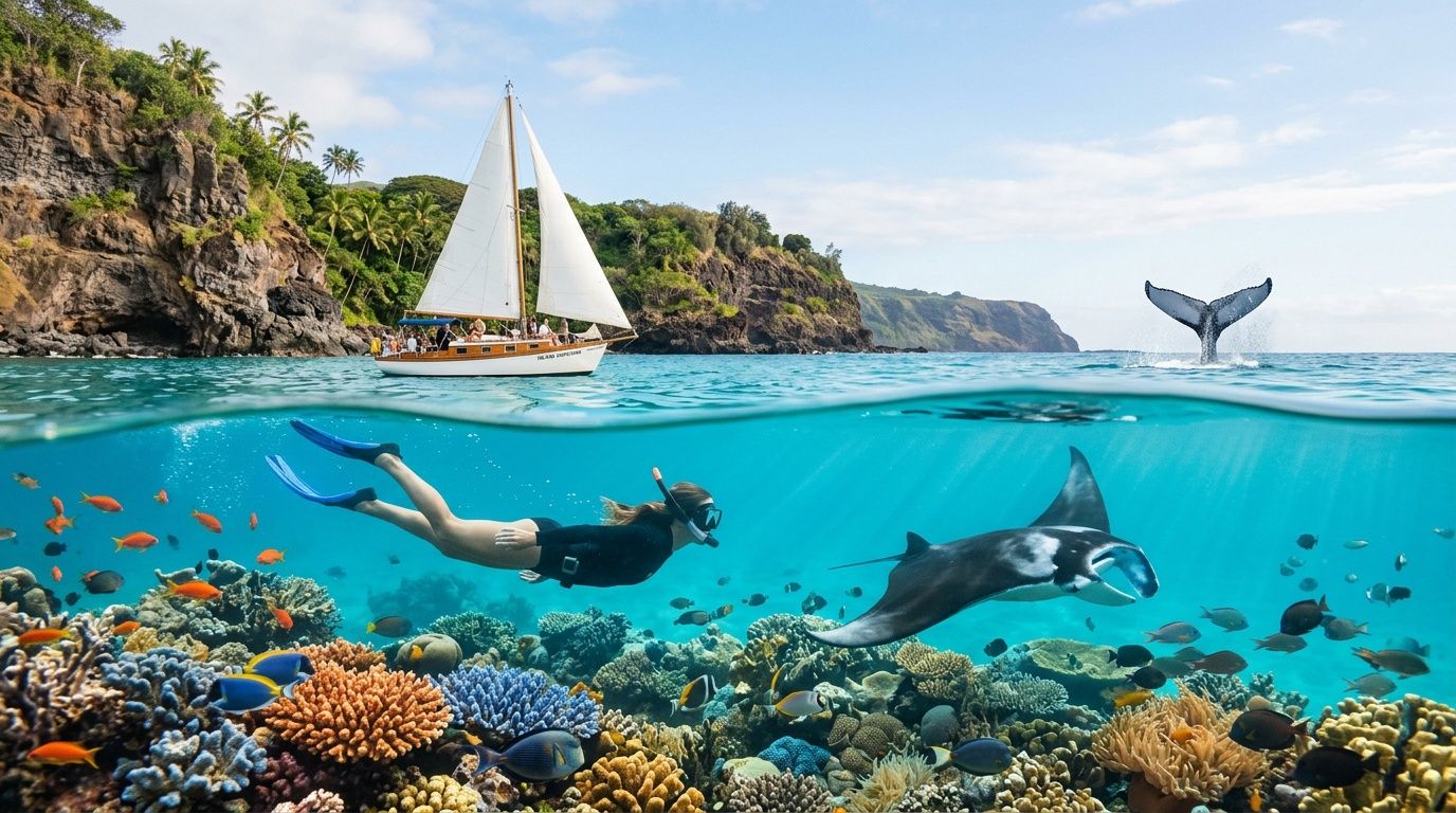 Snorkeler, manta ray, and fish in clear water; sailboat and whale tail above.