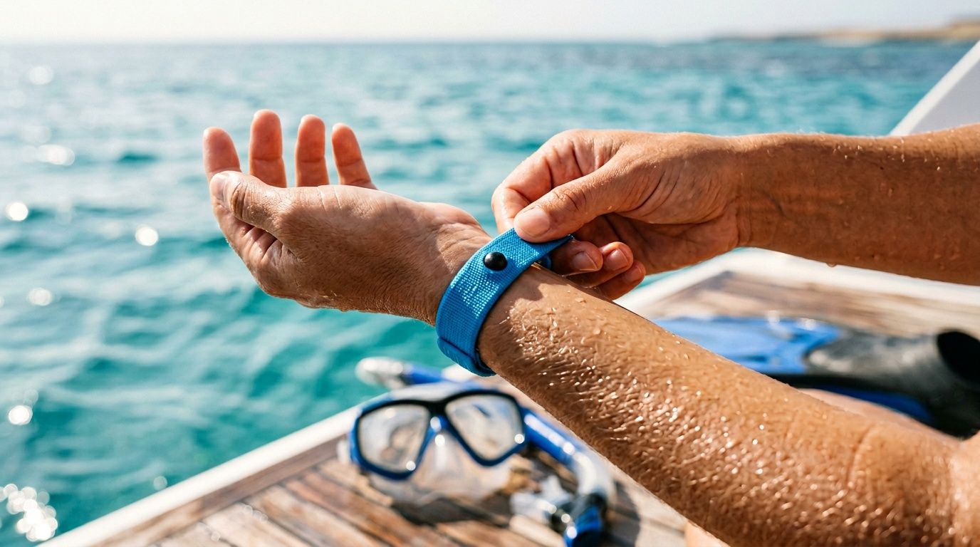 Person fastening a blue wrist strap on a boat, with snorkeling gear nearby.