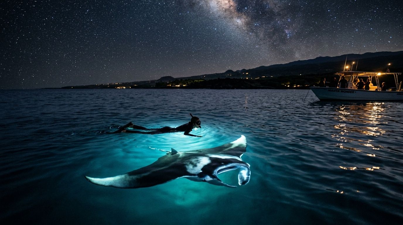 Nighttime ocean scene with divers and a manta ray under a starry sky.