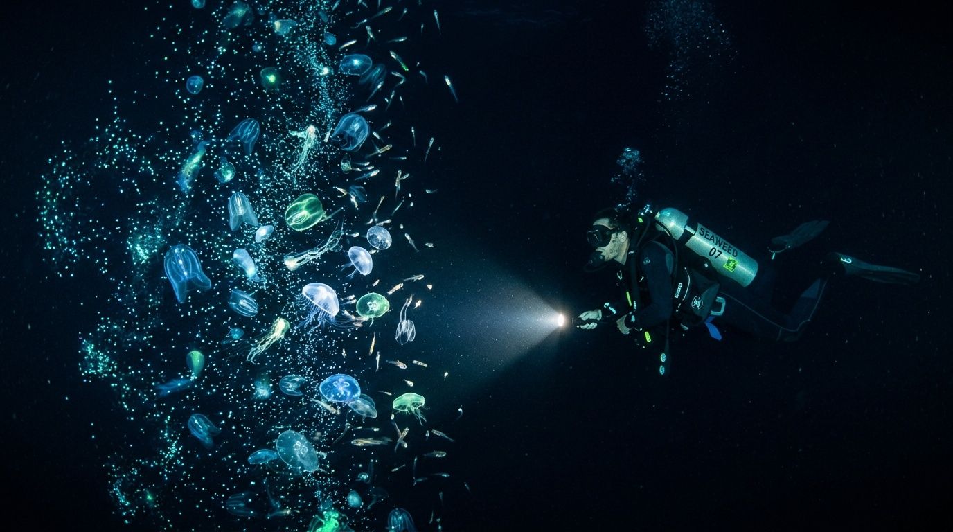 Diver with flashlight exploring colorful jellyfish in dark ocean.
