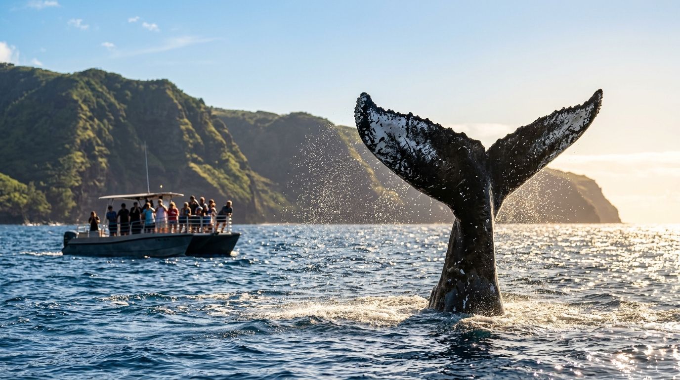 Whale tail breaching near tour boat, cliffs in background, ocean waves.
