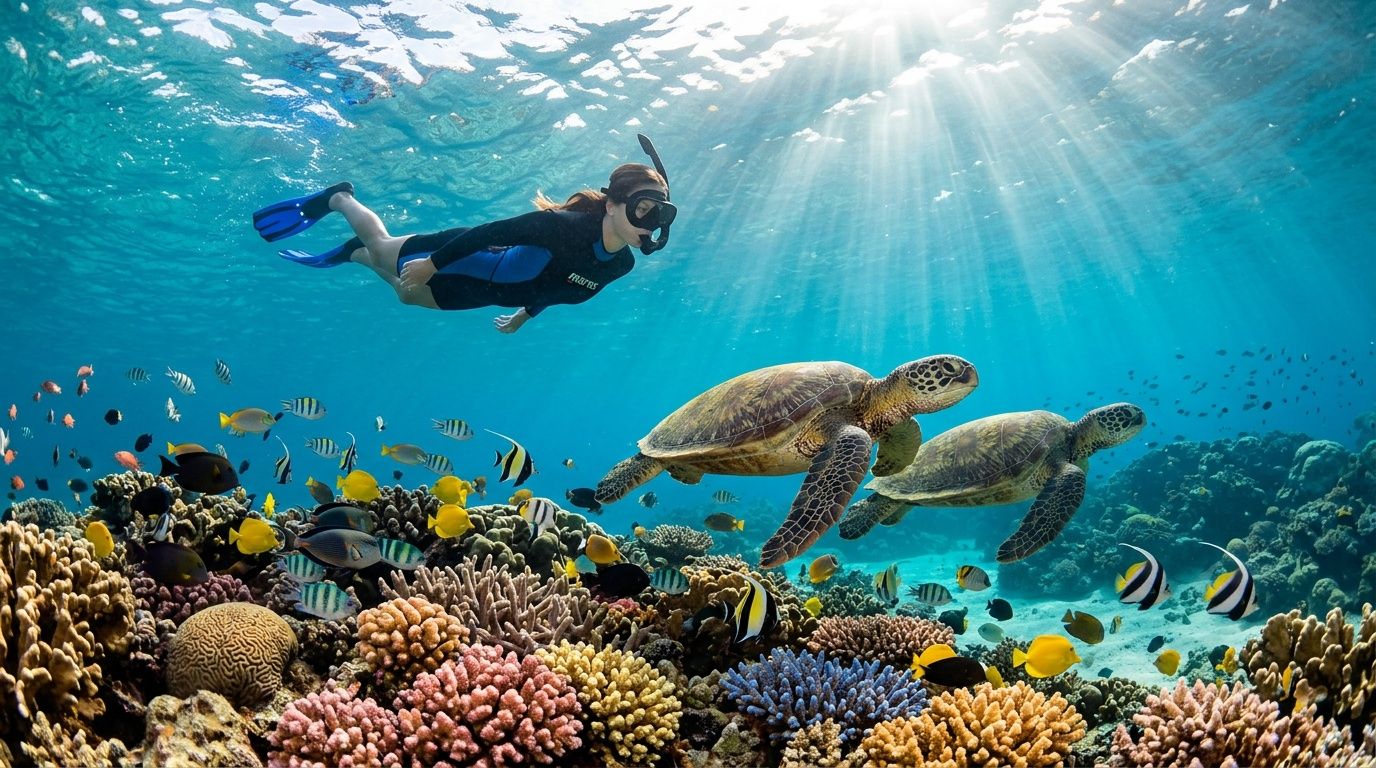 Snorkeler swims near two sea turtles over colorful coral reef.