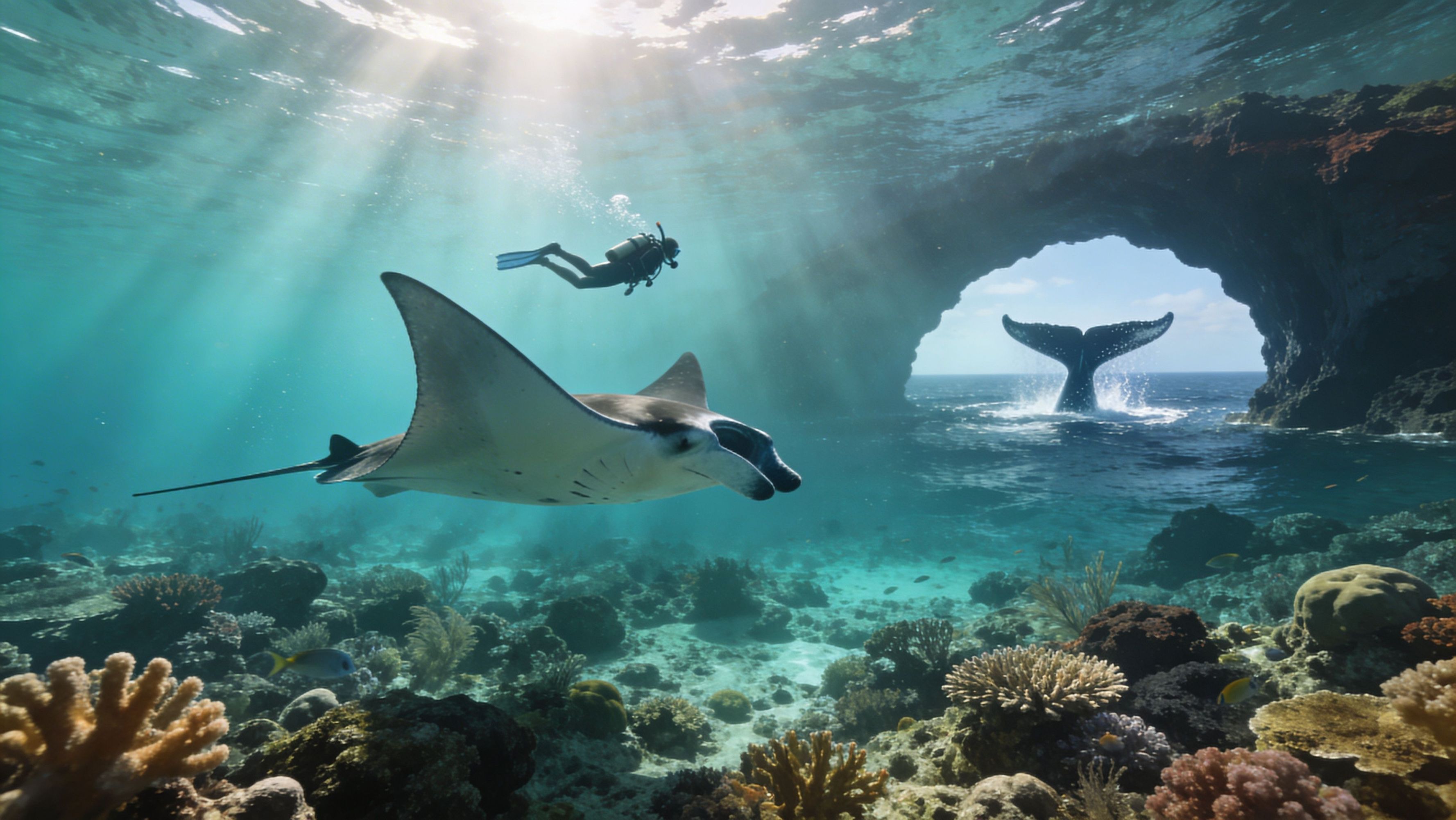 Diver swims near manta ray and whale tail, under sunlit ocean arch.