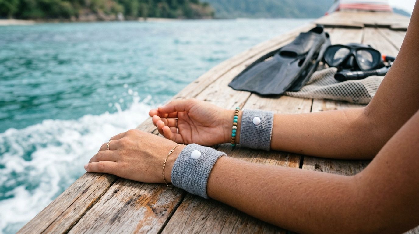 Person with wristbands on a boat, snorkeling gear beside them, with water and coastline in background.