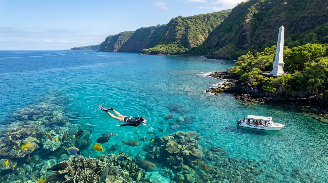 Snorkeler in clear water near coral reef, boat, and coastal cliffs with large white monument.