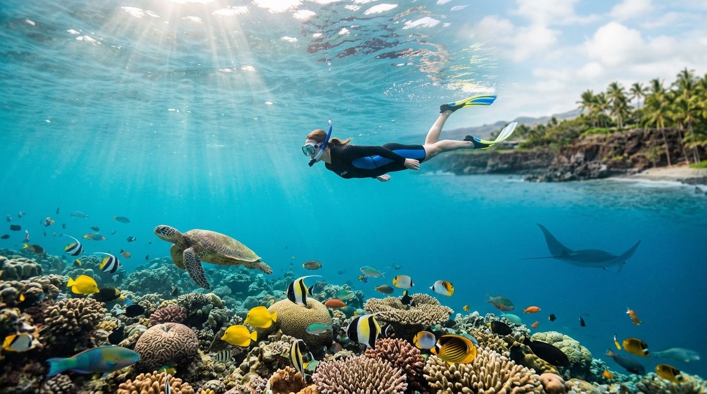 Person snorkeling over coral reef with fish, sea turtle, and manta ray, near a tropical shoreline.