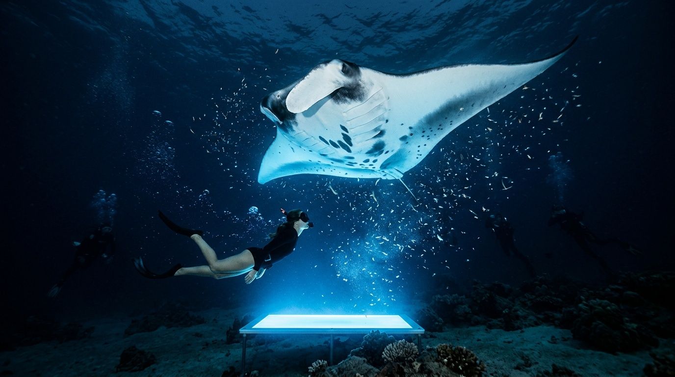 Diver under a manta ray illuminated by a glowing rectangle on the ocean floor at night.