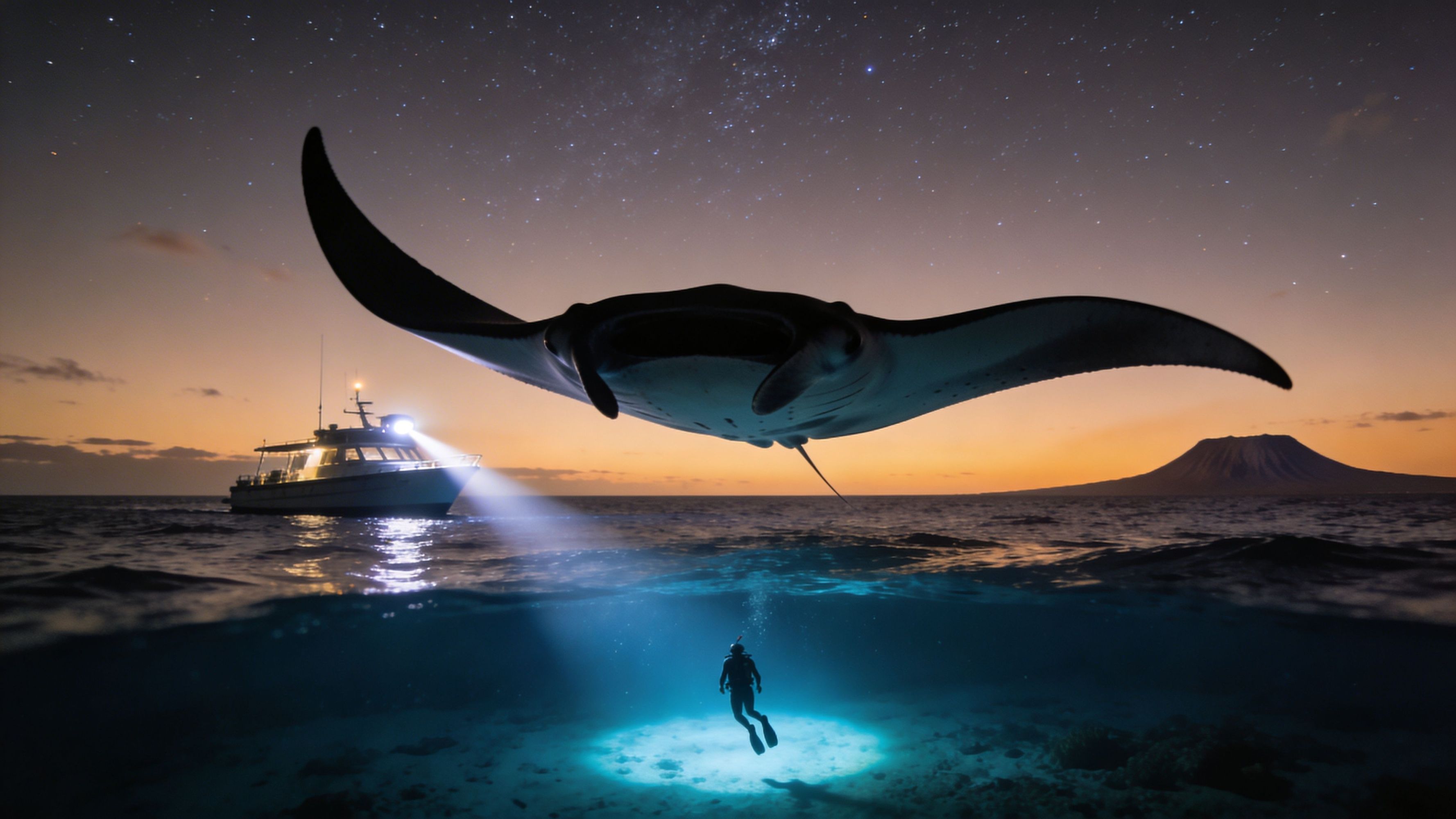 Diver under giant manta ray at night with boat and starry sky.