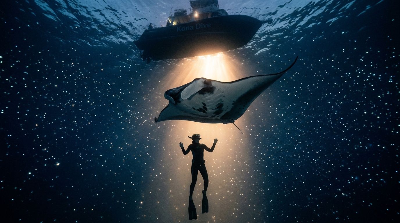 Diver and manta ray illuminated by boat light underwater, surrounded by glowing particles.