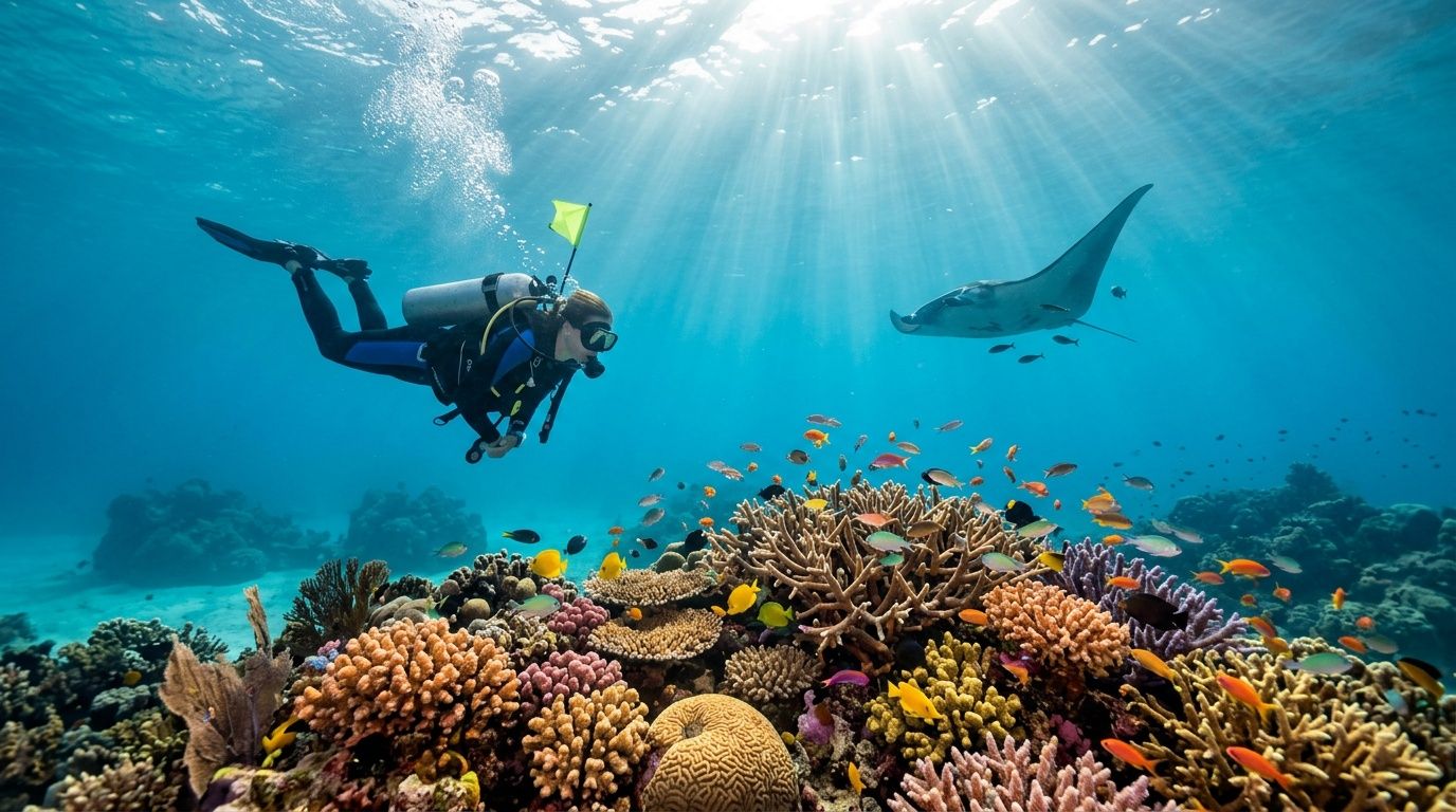 Scuba diver and manta ray near colorful coral reef under sunlit water.