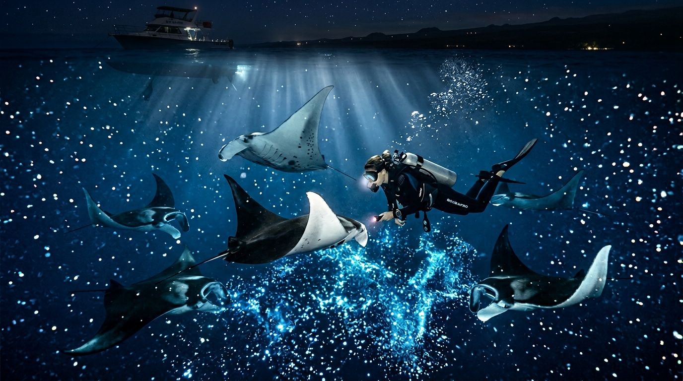 Scuba diver swims with manta rays in bioluminescent water under moonlit sky.