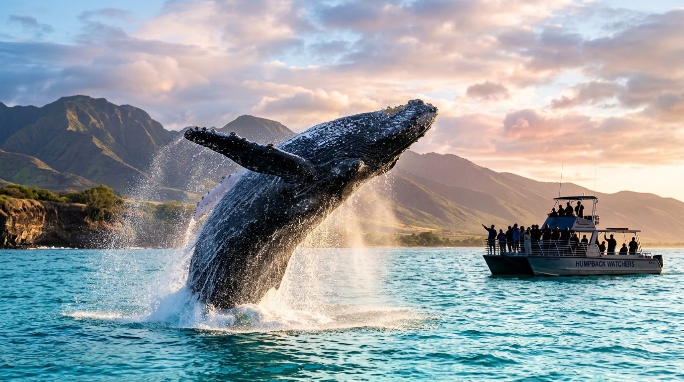 Whale breaching near a boat with people, mountains in background.
