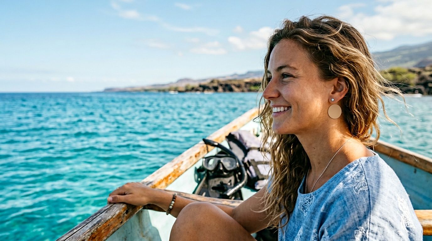 Woman smiling on a boat in clear blue ocean, sunny day.