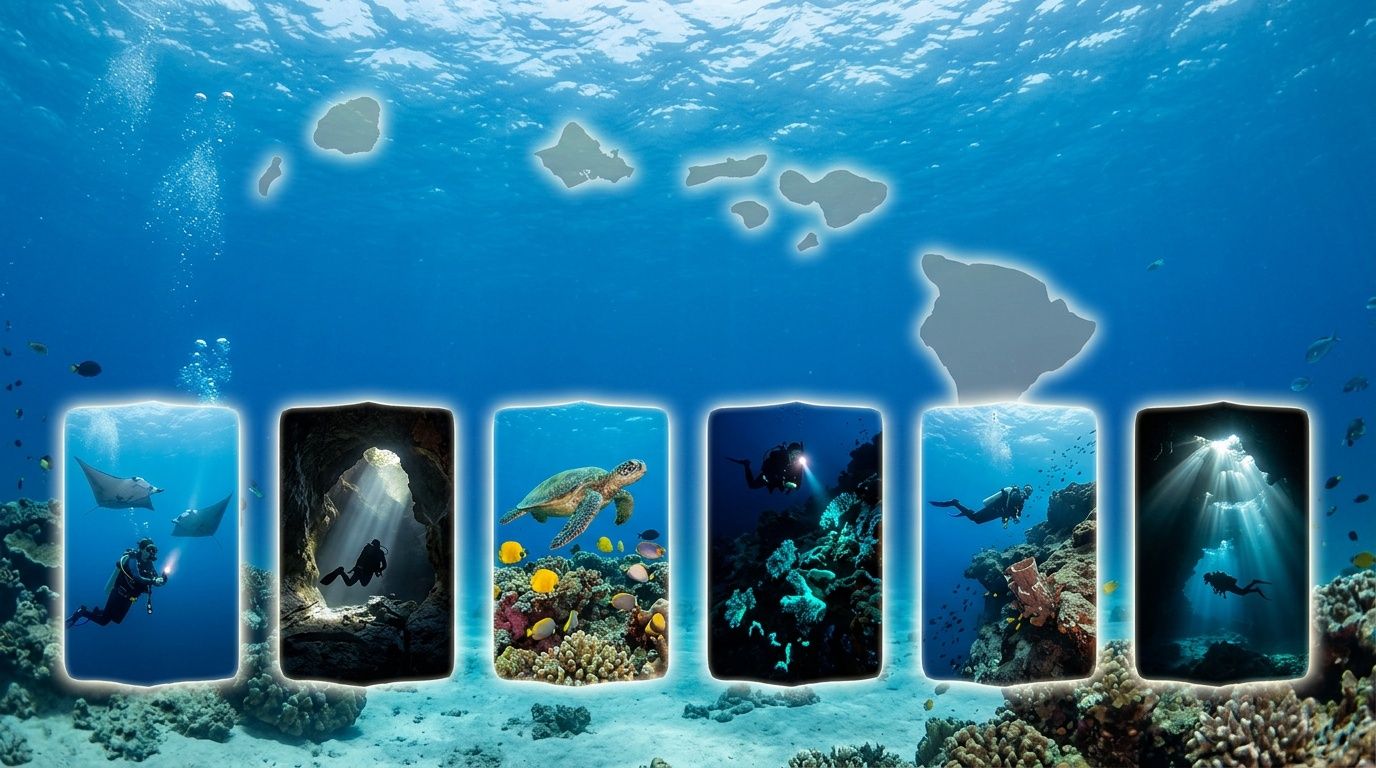 Diving scenes under ocean with light beams and map overlay at top.