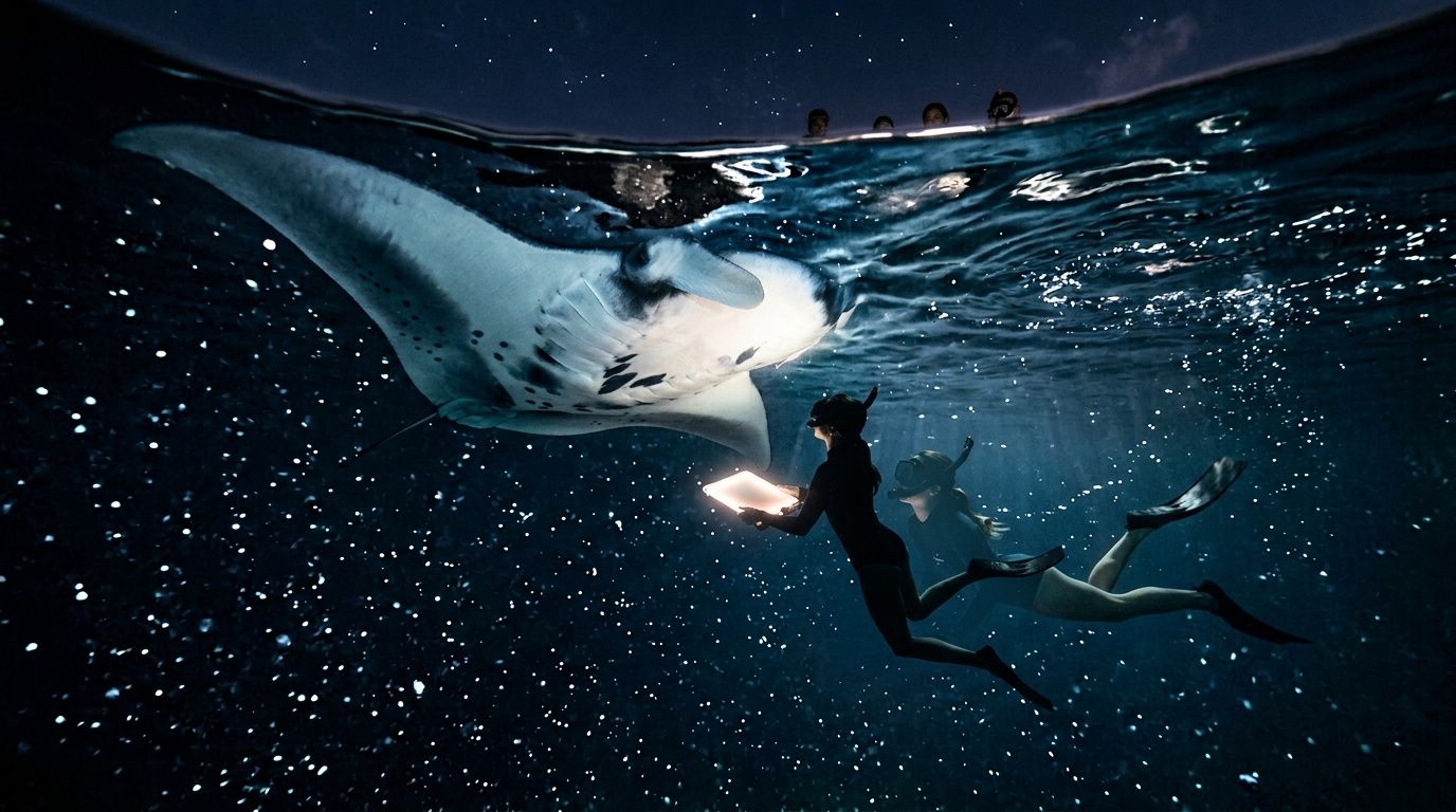 Two divers swim at night near a manta ray in a starry ocean.