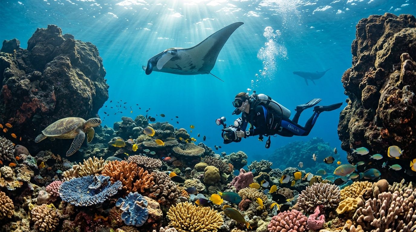 Diver photographing coral reef with sea turtle, fish, manta ray, and sunlight filtering through water.