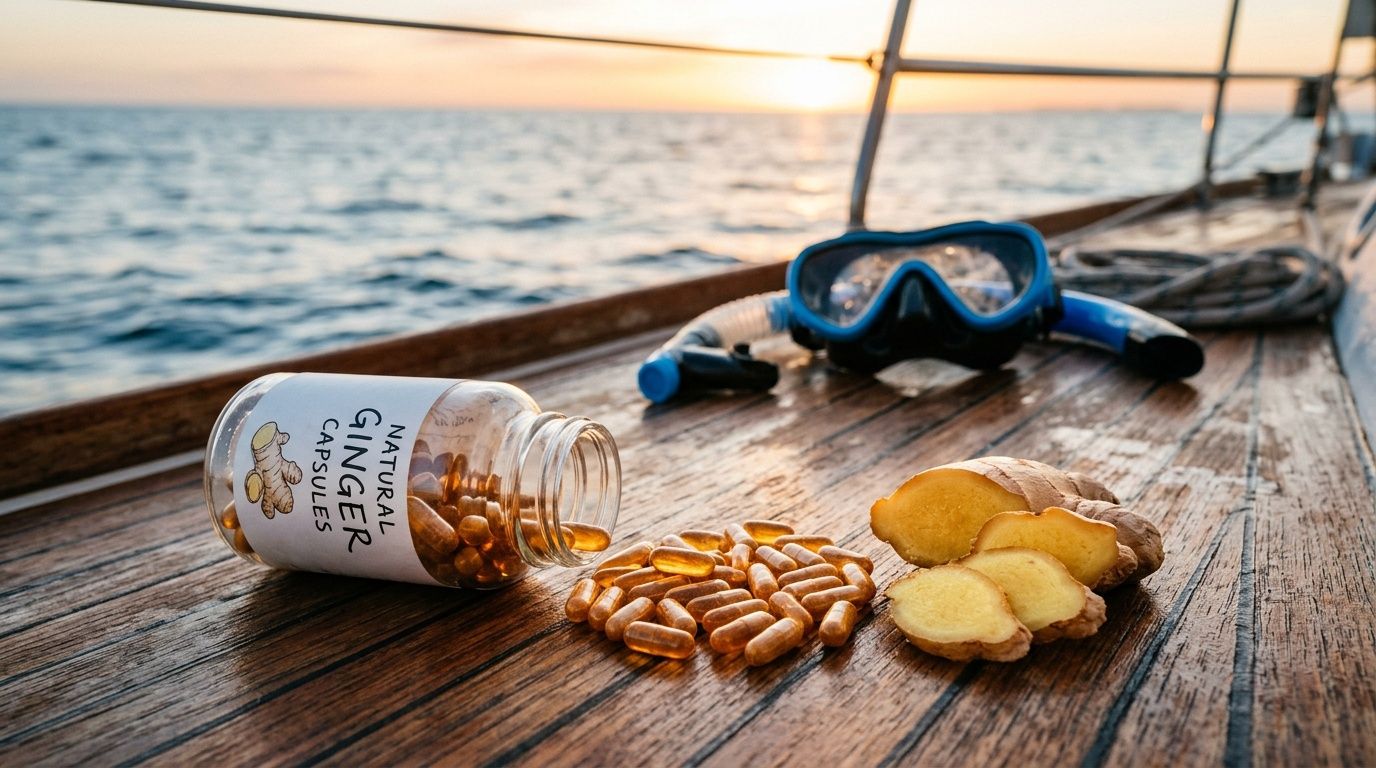 Ginger capsules and slices on boat deck with snorkel gear at sunset.