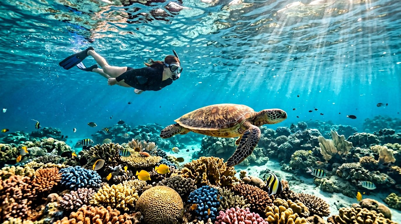 Snorkeler swimming near a sea turtle over colorful coral reef.