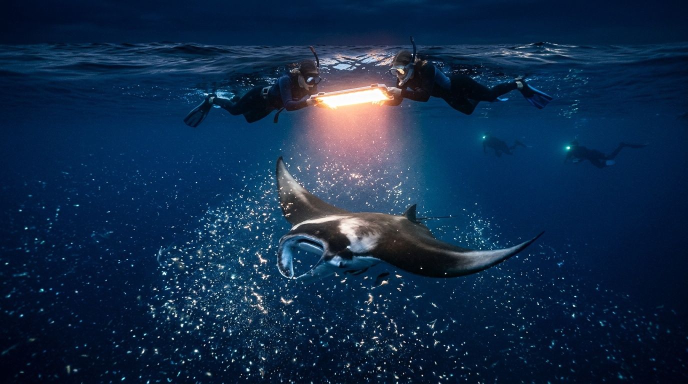Scuba divers with lights swim above a manta ray in dark water.