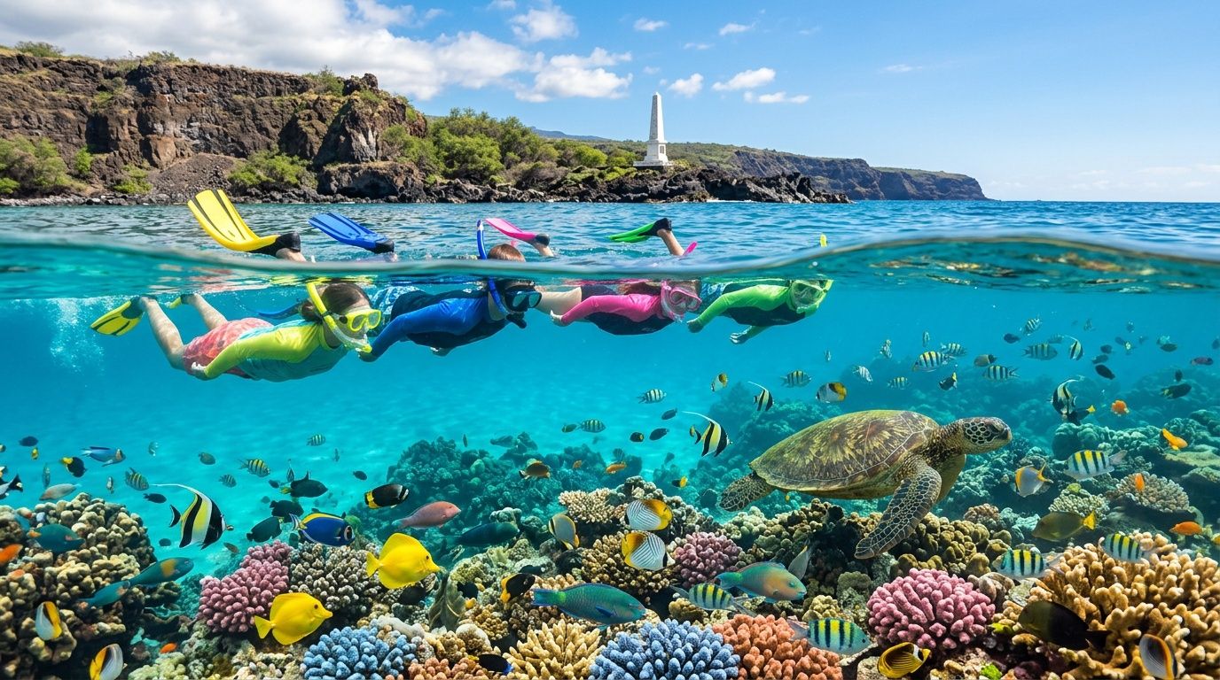 Snorkelers above vibrant coral reef with colorful fish and a sea turtle.