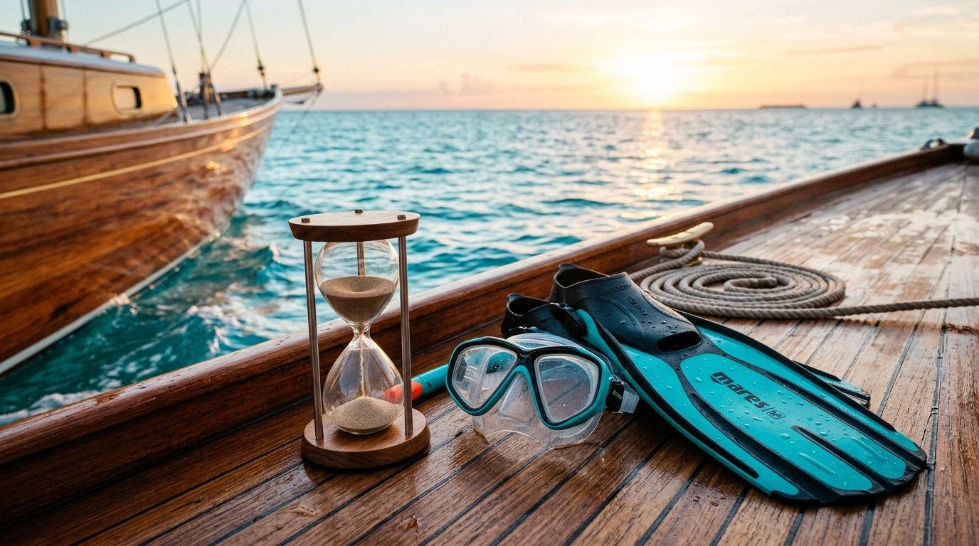 Hourglass, snorkeling gear on boat deck with sunset over ocean.