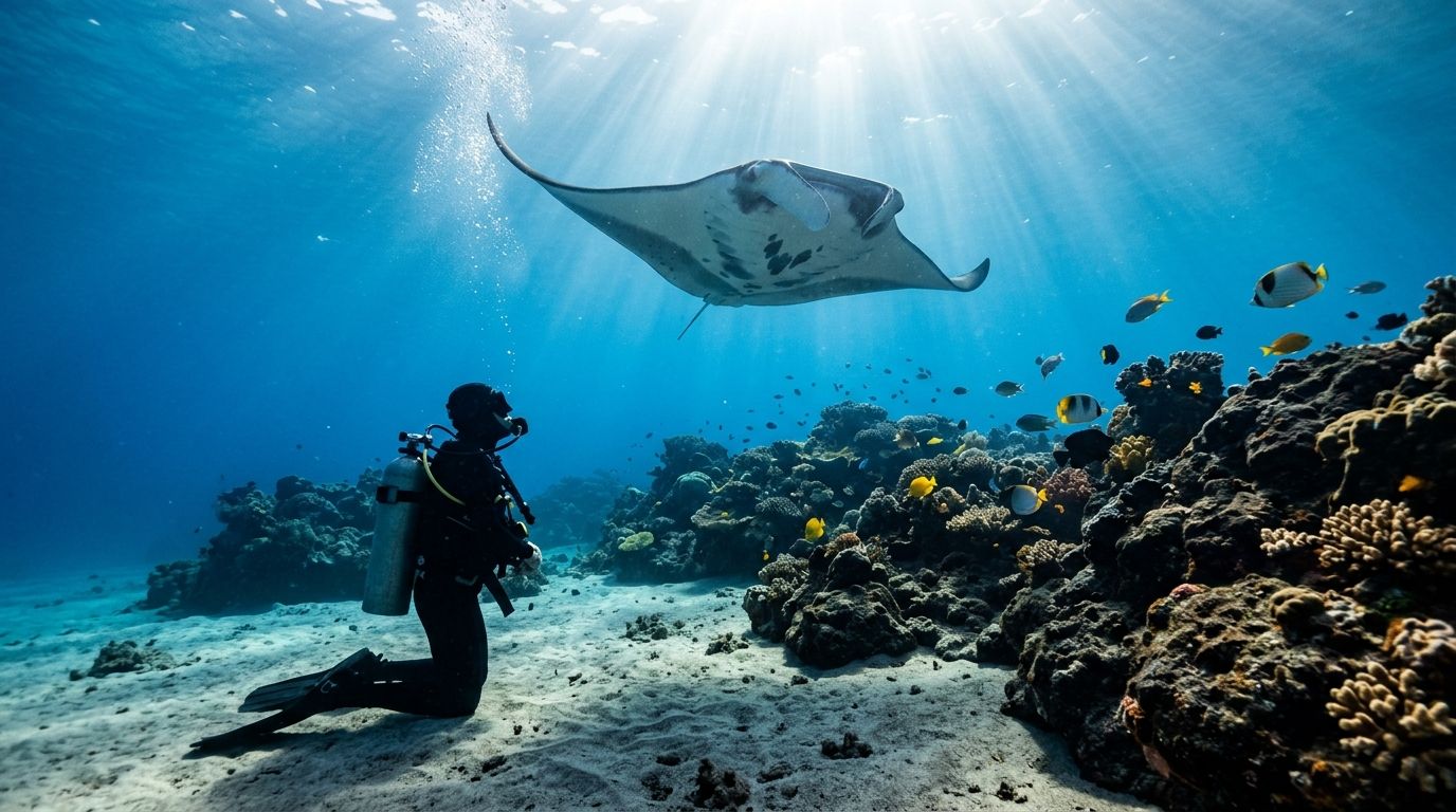 Diver kneels on ocean floor, watching a manta ray swim above near coral and fish, with sunlight streaming through water.