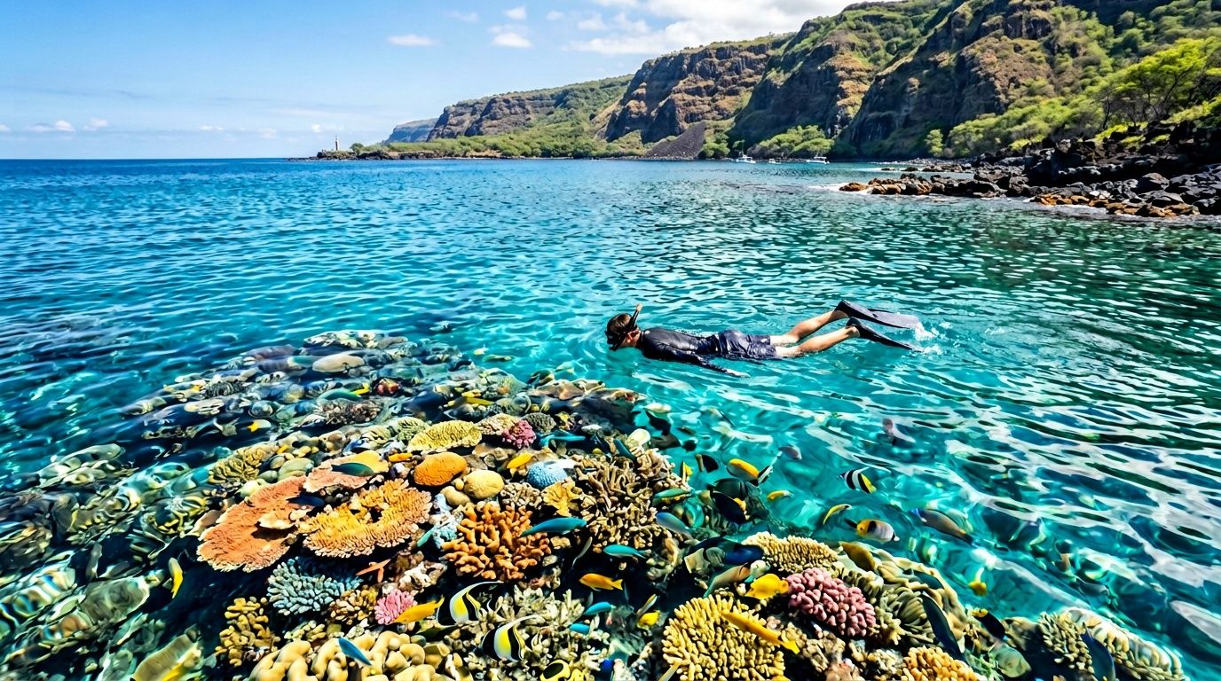 Person snorkeling over vibrant coral reef in clear blue water near rocky coastline.