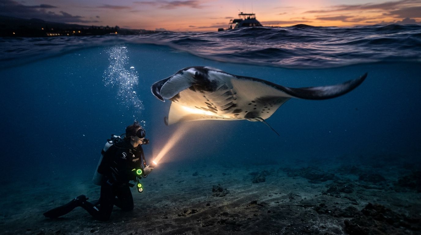 Diver with flashlight and manta ray underwater at sunset.