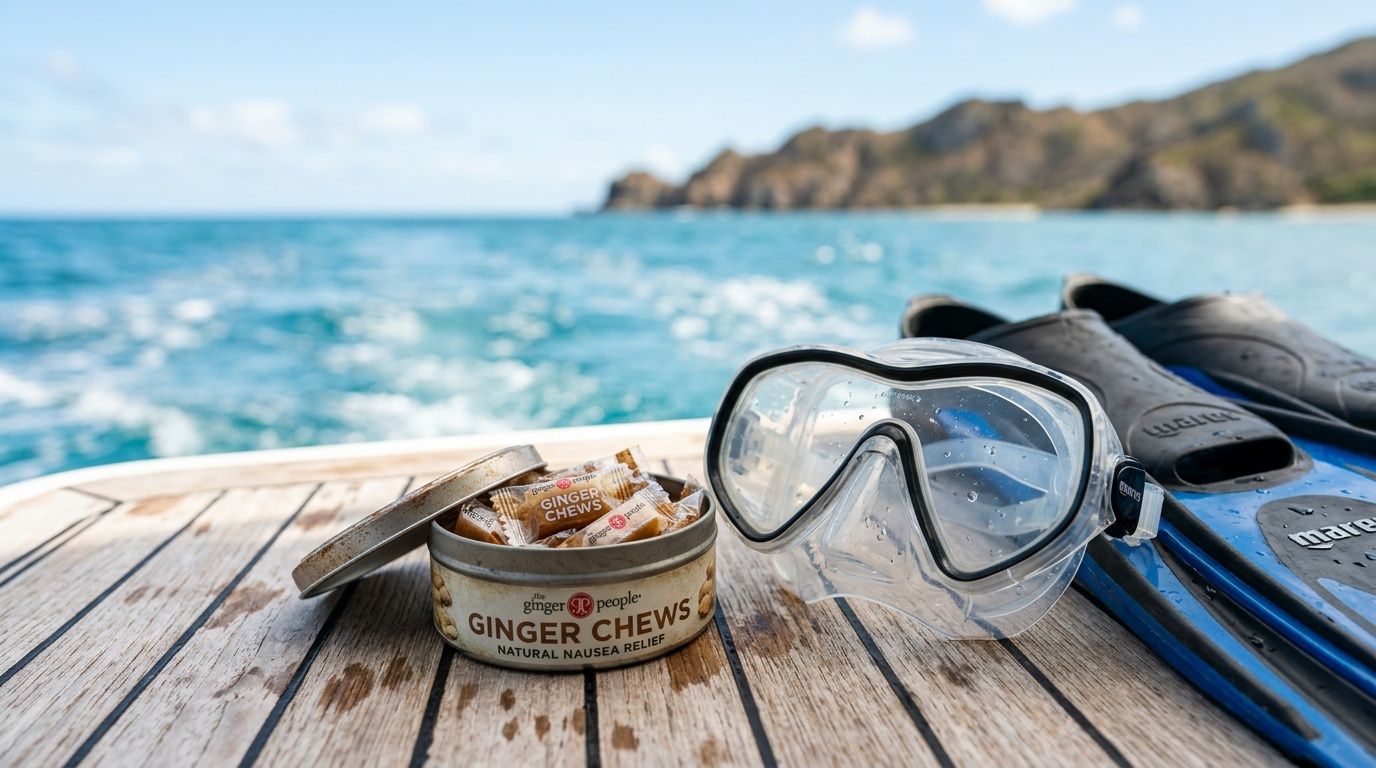 Snorkeling gear and ginger chews on a boat with ocean and cliffs in the background.