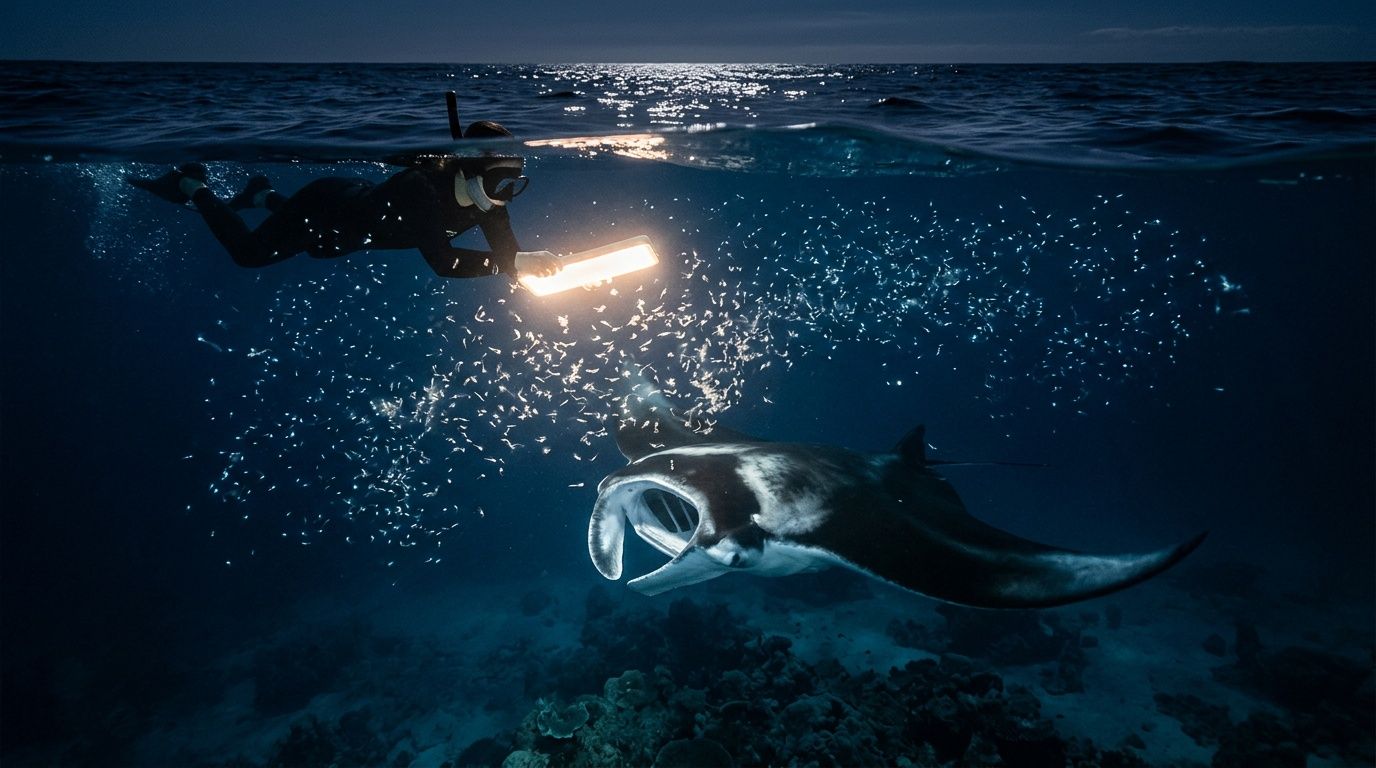 Diver with flashlight swims near a manta ray in dark ocean waters.