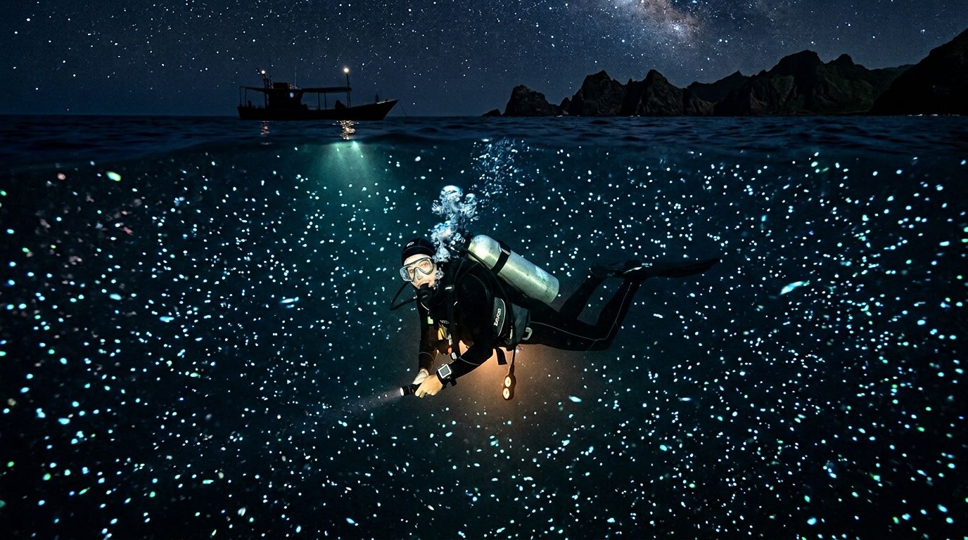 Scuba diver in illuminated ocean with starry sky, boat in background.