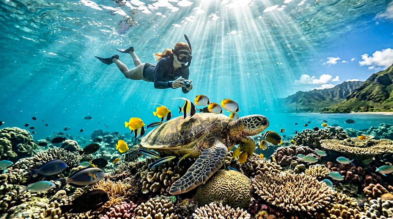 Snorkeler swimming above coral reef with sea turtle and colorful fish, sun rays streaming through clear water.