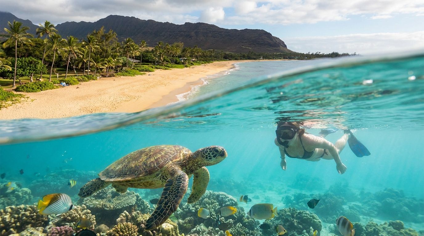 Beach and mountain view with snorkeler and sea turtle underwater.