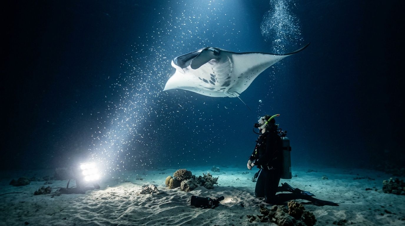 Diver kneels on ocean floor to observe a manta ray illuminated by underwater lights.