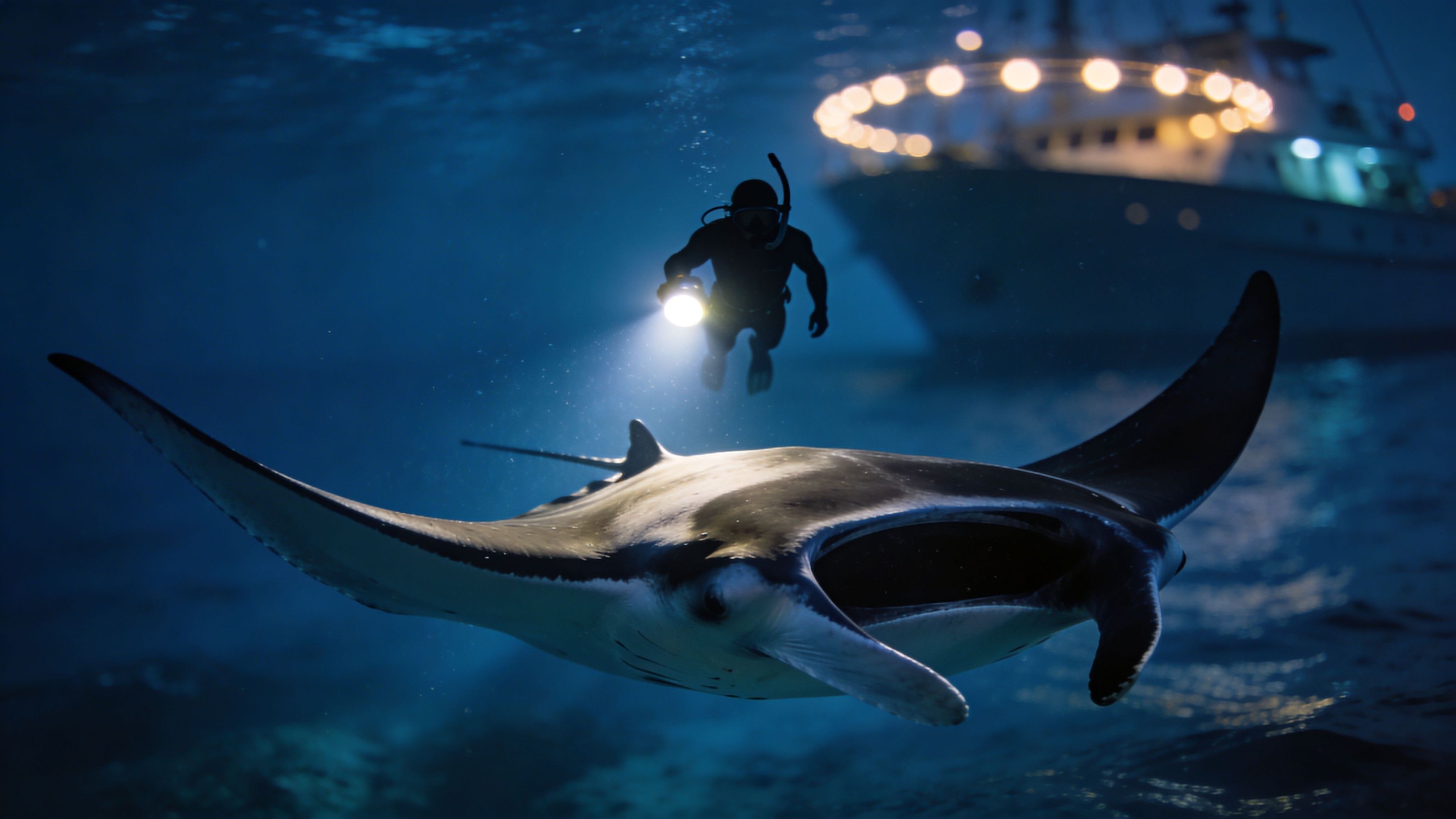 Diver with light swims near a manta ray in ocean, ship in background.