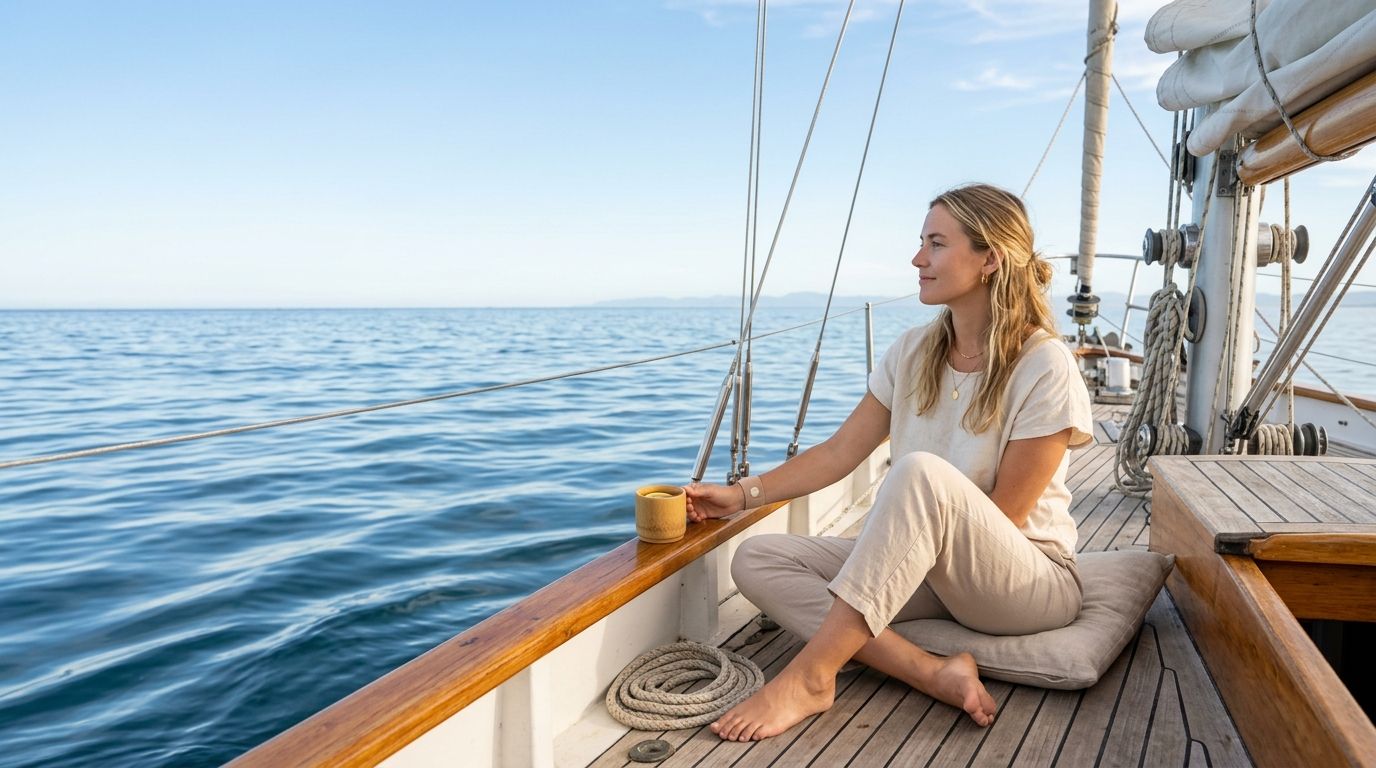 Woman sitting on yacht deck holding a drink, gazing at the ocean.