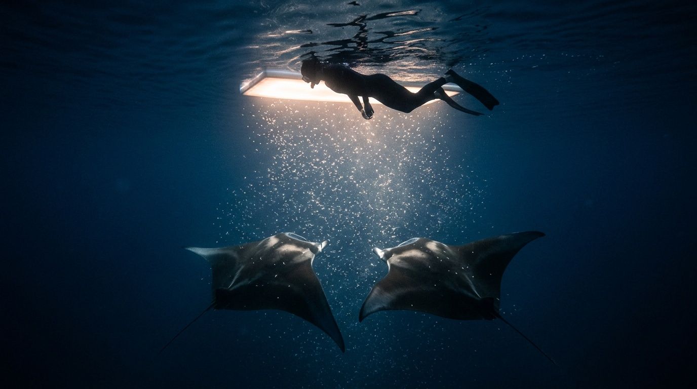 Diver swimming near two manta rays under water with light above.