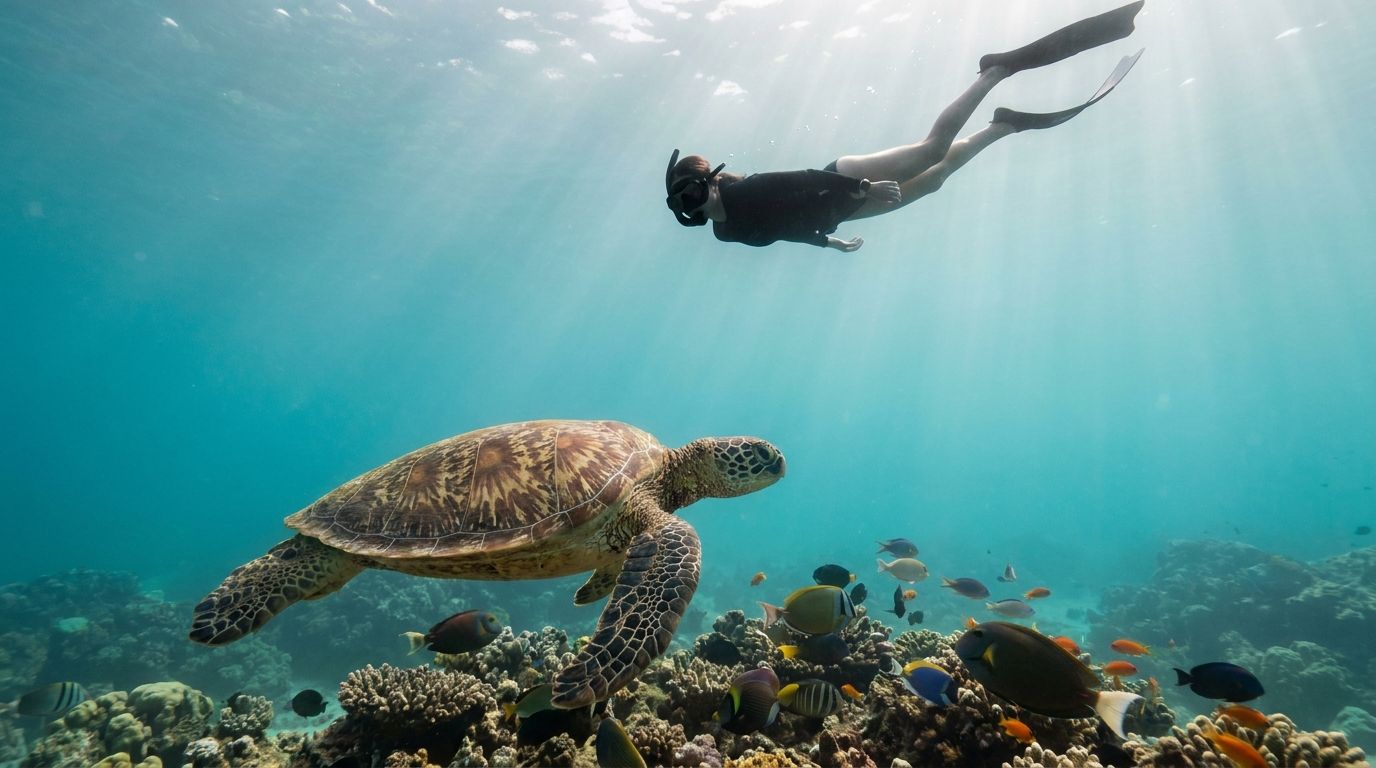 Person snorkeling above a sea turtle near coral reef with colorful fish.