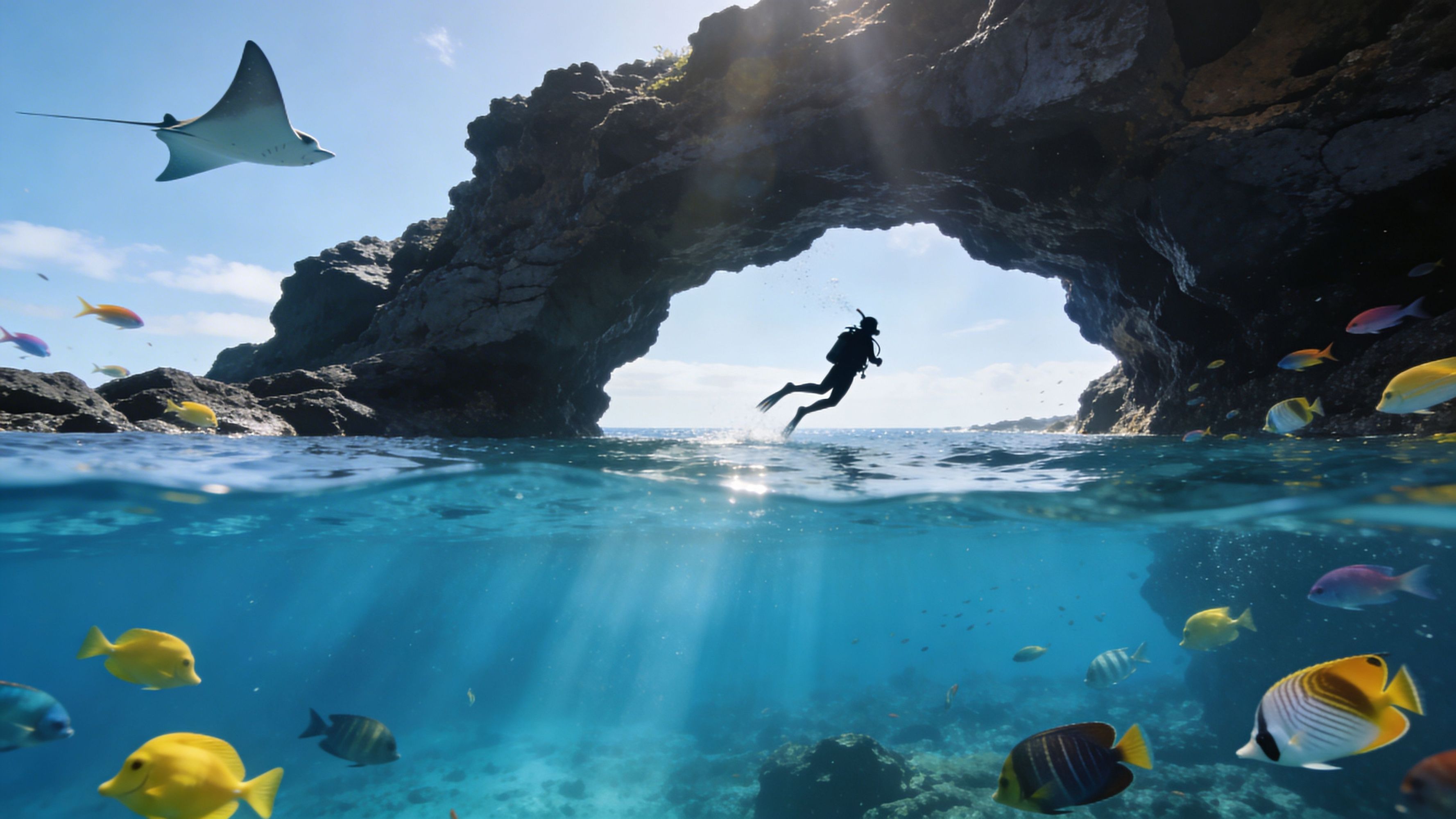 Scuba diver near an underwater arch with colorful fish swimming and a manta ray in the background.