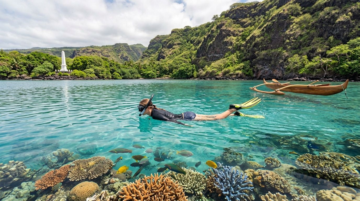 Person snorkeling in clear water surrounded by coral and hills.