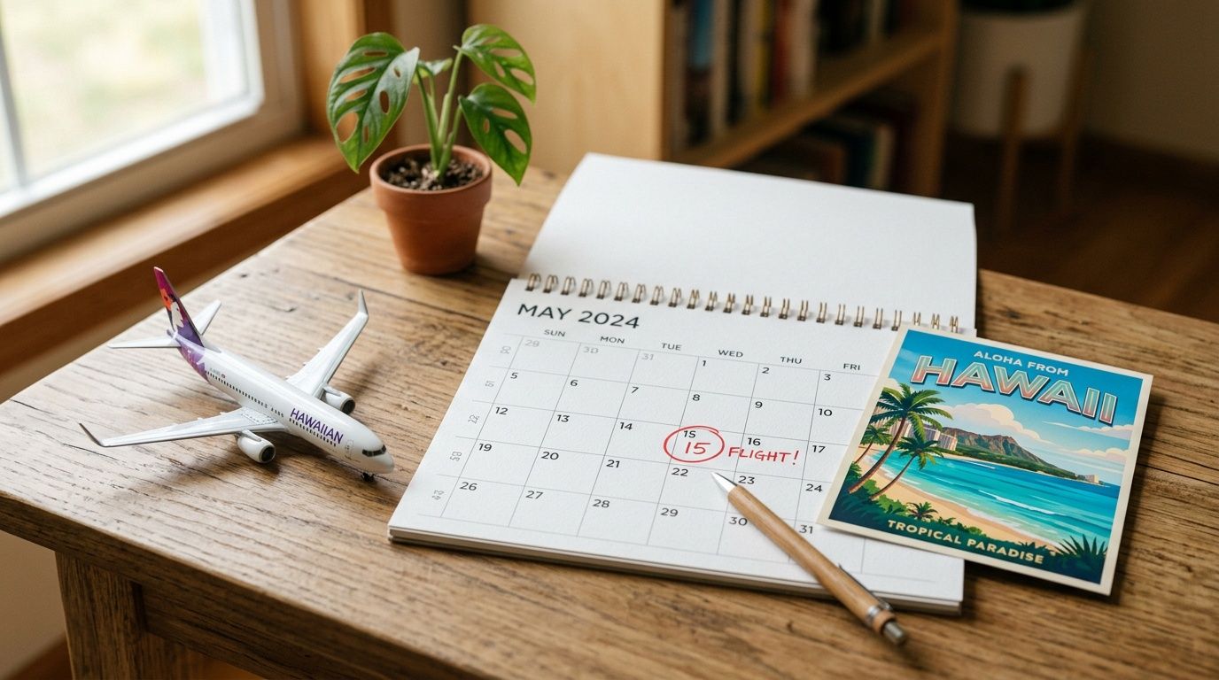 Desk with a toy plane, calendar for May 2024, potted plant, and Hawaii postcard.