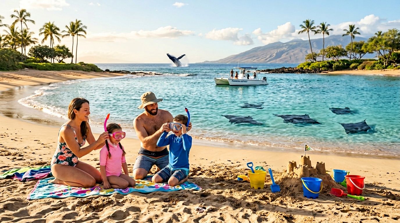 Family on beach with snorkels, sandcastle, rays in water, boat, and whale in distance.