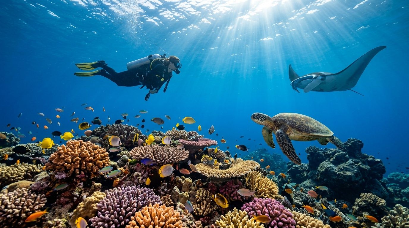 Diver, turtle, and manta ray swim over vibrant coral reef with colorful fish in clear blue water.