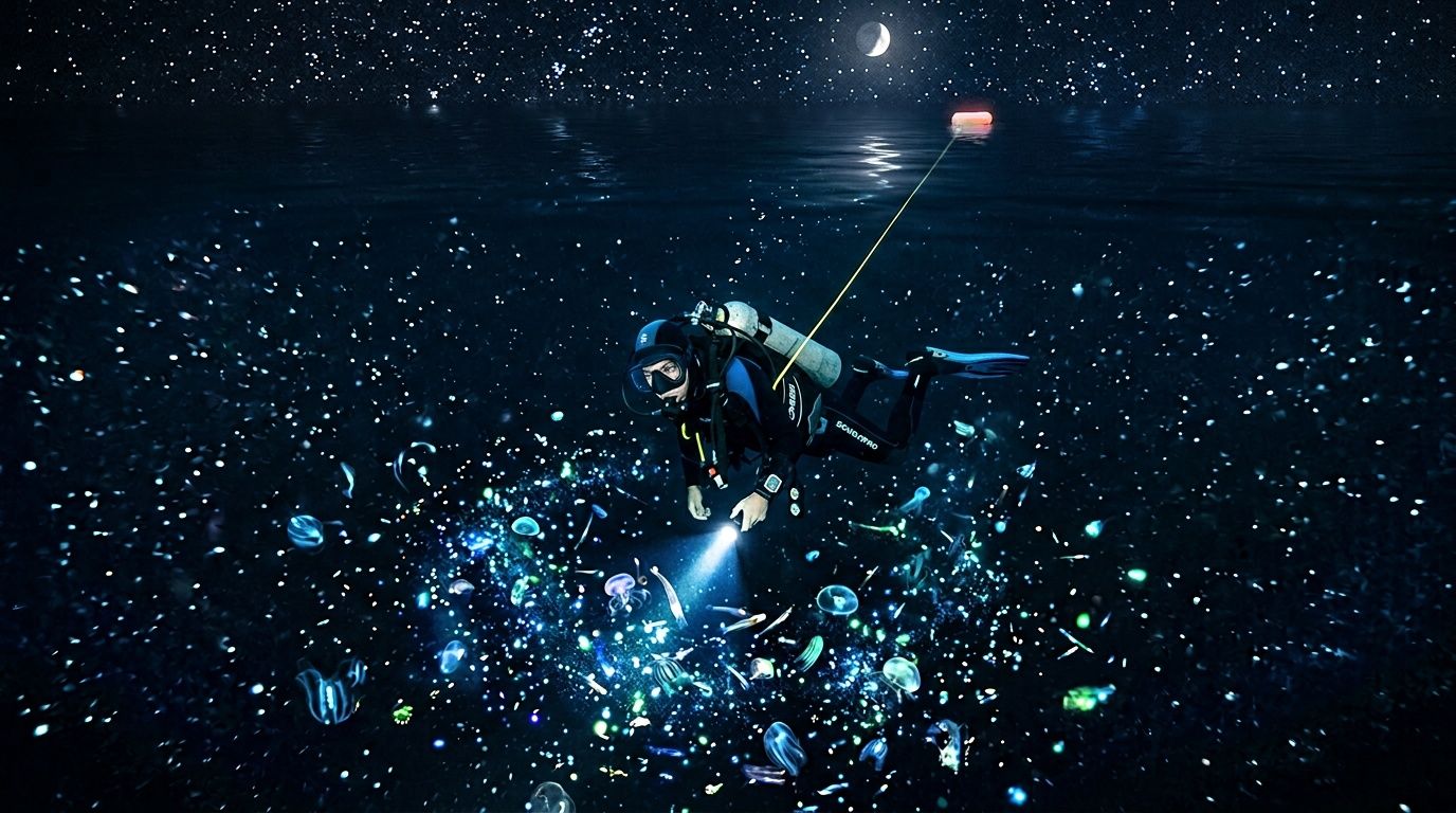 Diver with flashlight explores glowing sea creatures under a starry sky at night.