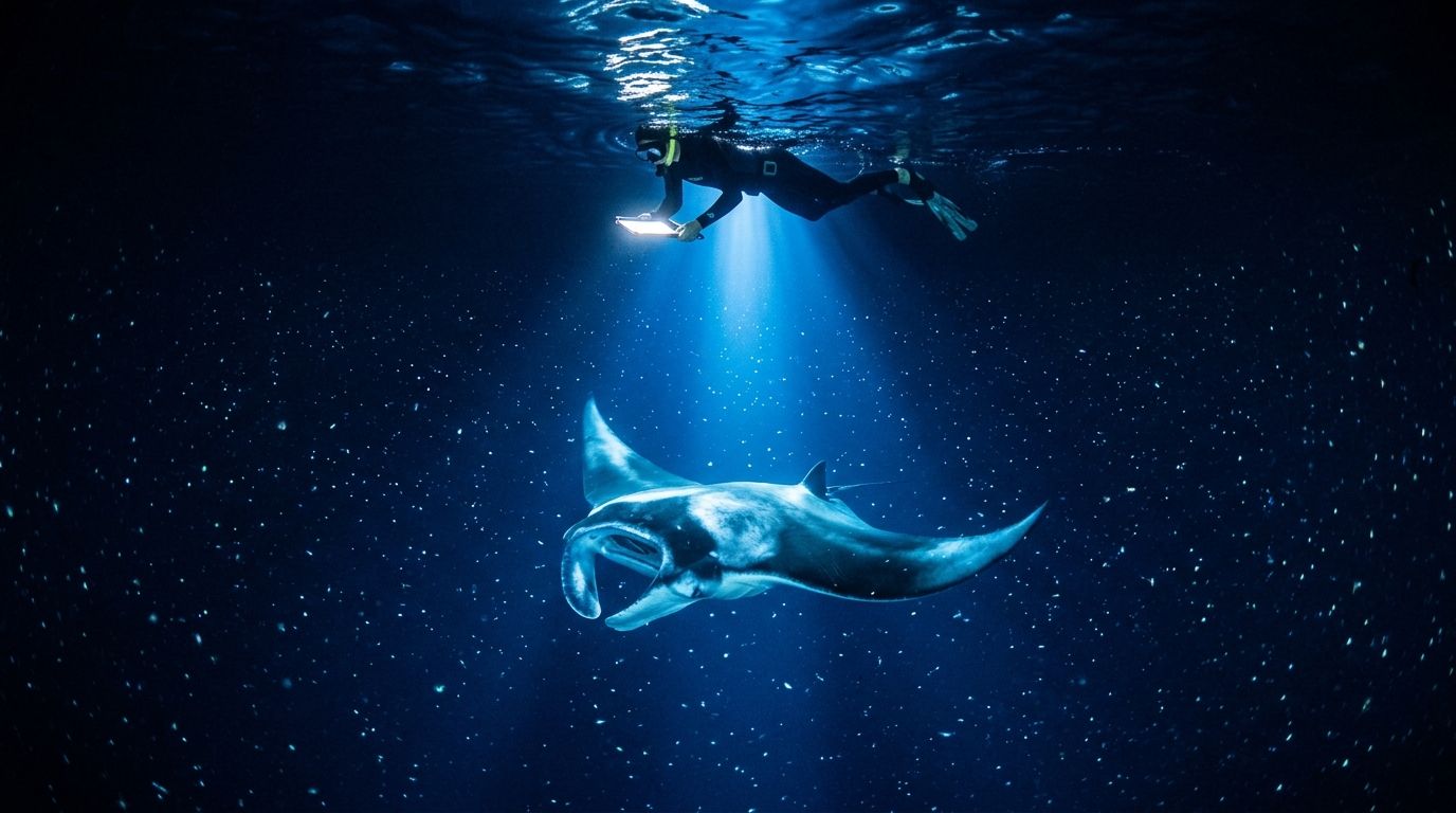 Diver with flashlight swimming above a manta ray in deep blue water.