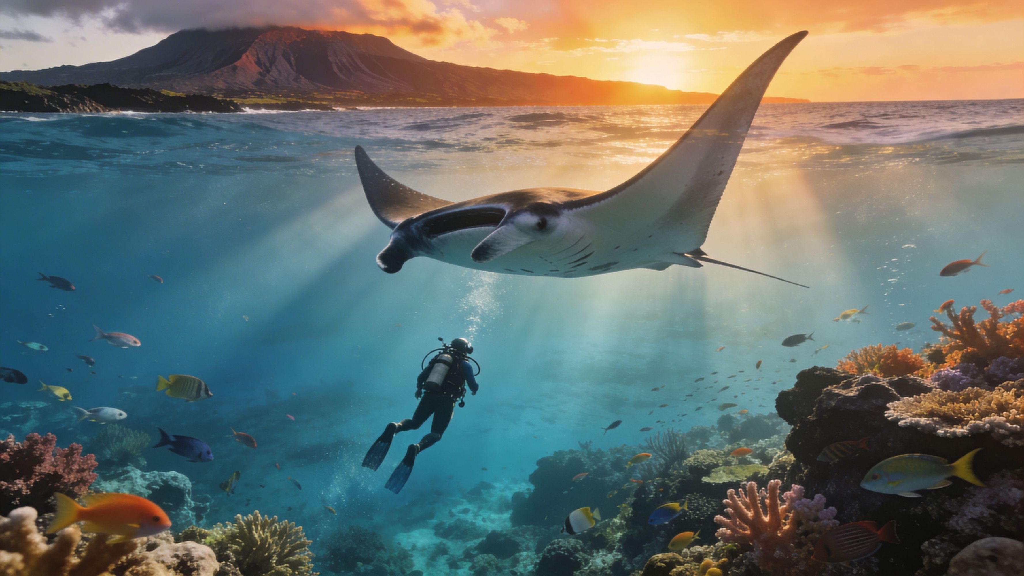 Scuba diver swims near manta ray over coral reef at sunset.